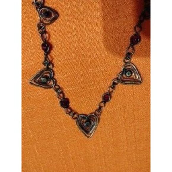 Heart shape wire choker necklace maybe sterling, red garnet colored beads hobo h - Picture 5 of 5